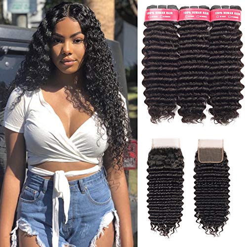 Beaudiva Hair Deep Wave Bundles with Closure（14 16 18+12inch）, 9A Brazilian Virgin Hair Deep Weave 100% Unprocessed Human Hair With 4×4 Free Part Lace Closure