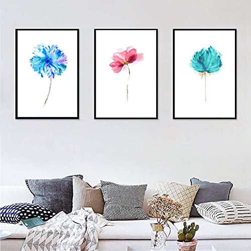 Tableau fleurs aquarelle salon moderne triptyque chic rouge et bleu - 2