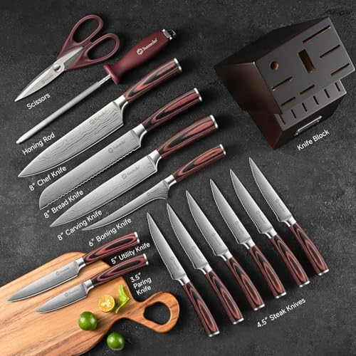 Image of Sunnecko Knife Set with Block and Sharpener, 15 Pcs Kitchen Knife Block Set