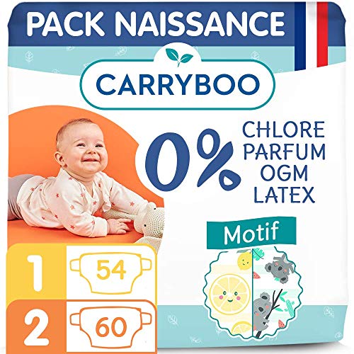 Carryboo – Pañales ecológicos, talla 1 y 2 (2-6 kg), hipoalergénicos, sin perfume, fabricados en Francia, 114 pañales