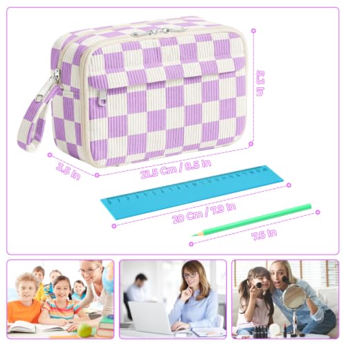 Image of WOBAGMEN Cute Pencil Case,Large Corduroy Zippered Pencil Case Pouch, Aesthetic Pencil Bag with Compartments(Purple Gingham)