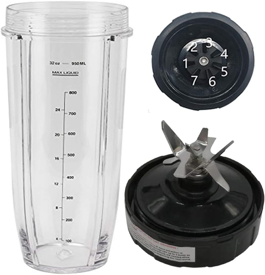 32oz Replacement Cup and 6 fins Blade with 7 male Fins Gear,Replacement Parts Blade Assembly for 1000W Ninja Auto-iQ Blender BL480-30/BL481-30/BL482-30/BL482QPR-30/BL482QPK-3(32ozCup+7Fin Gear Blade)