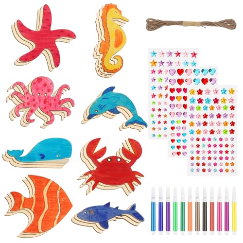 RosewineC Lot de 40 disques en bois d'animaux marins - Pour travaux manuels - Avec stylo aquarelle - Pierres à paillettes pour le bricolage - Corde de chanvre...