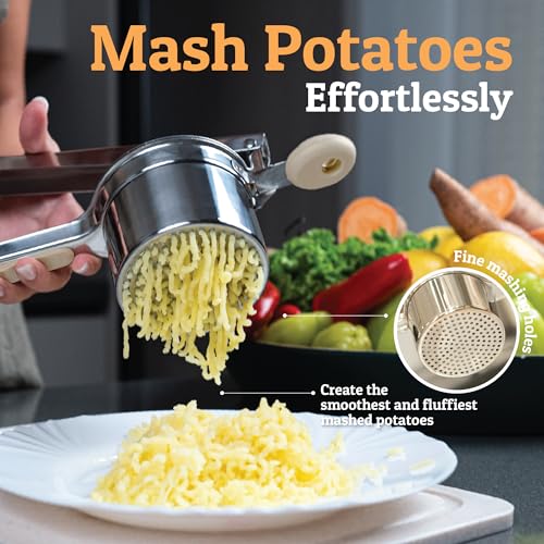 Image of PriorityChef Large 15oz Potato Ricer, Heavy Duty Stainless Steel Potato Masher and Ricer Kitchen Tool, Press and Mash Kitchen Gadget For Perfect Mashed Potatoes - Everytime, Khaki
