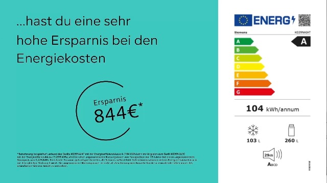 SIEMENS KG39NAIAT, iQ500, Stand-Kühl-Gefrier-Kombination, 203 x 60 cm, 260 L Kühlen & 103 L Gefrieren, Gefrierbereich unten, NoFrost, hyperFresh, bottleCooler, Gebürsteter Stahl – Bild 3