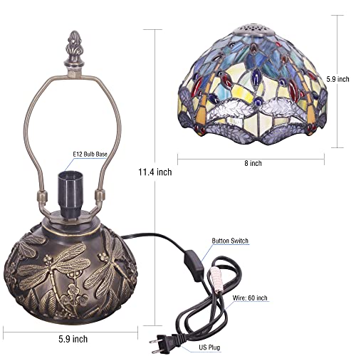 Rhlamps Small Tiffany Lamp W8H11 Inch Yellow Dragonfly Style Stained Glass Table Lamp Bronze Mushroom Resin Base Mini Accent Lamp Decor Bedroom #TOP2