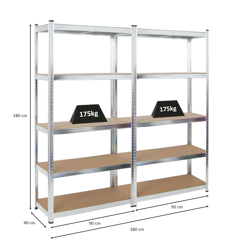 PROREGAL 2X Schwerlastregal Gorilla | HxBxT 180x90x40cm | Fachlast 175kg | Verzinkt | Garagenregal Kellerregal Werkstattregal Lagerregal Steckregal