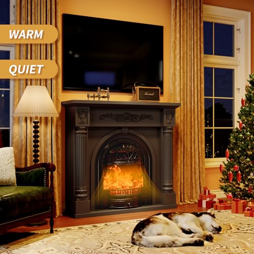 Image of 45 Inch Electric Fireplace with Mantel, Solid Wood Fireplace TV Stand, Roman Column Fireplace Entertainment Center, Electric Fireplace Heater with Black Birdcage Insert for Living Room, Black