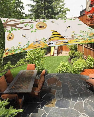 Sun Shades Outdoor Patio Covers for Shade & Rain, Farmhouse Sun Sail Shades Waterproof, Bee Gnome Sunflower Daisy Yellow Sun Shade Sail UV Protective for Backyard/Garden/Deck/Pool 6.5x10 ft