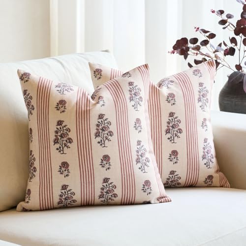 Amor Virisso Floral Throw Pillow Covers 18x18 Set of 2 Block Print Pillow Covers Neutral Floral Striped Farmhouse Decorative Pillow Covers for Sofa Couch Bed Red
