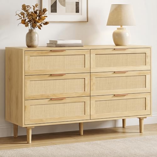 LAZZO 6 Drawer Dresser for Bedroom Dresser for Closet Rattan Chest of Drawers Mid Century Modern TV Stand with Golden Handles for Closet Living Room and Apartment (Natural Wood)