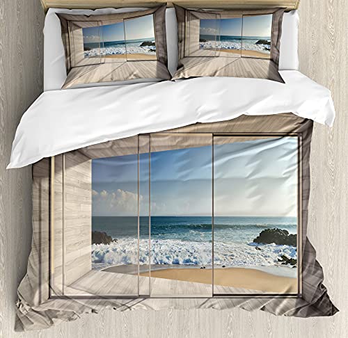 ABAKUHAUS Oceano Funda Nórdica, Ver Las Olas del mar Rocas, Estampado Lavable 3 Piezas con 2 Fundas de Almohada, 200 x 200 cm   70 x 50 cm, Beige Azul Blanco