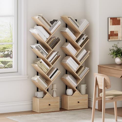 HOOBRO Bücherregal mit Schublade, Standregal mit 9 Ebenen, Baumförmiges Bücherregal, DVD Regal, Bücherturm Freistehend, für Wohnzimmer… – Ansicht 5