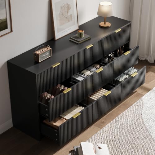 Image of MAISONARIA 63 inch Wide Fluted 9-Drawer Dresser for Bedroom, Black