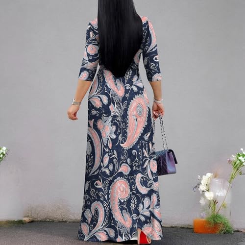 Image of PinkPatty Plus Size Maxi Dress for Women Casual V Neck 3 /4 Sleeve Boho Printed Long Dress with Pockets