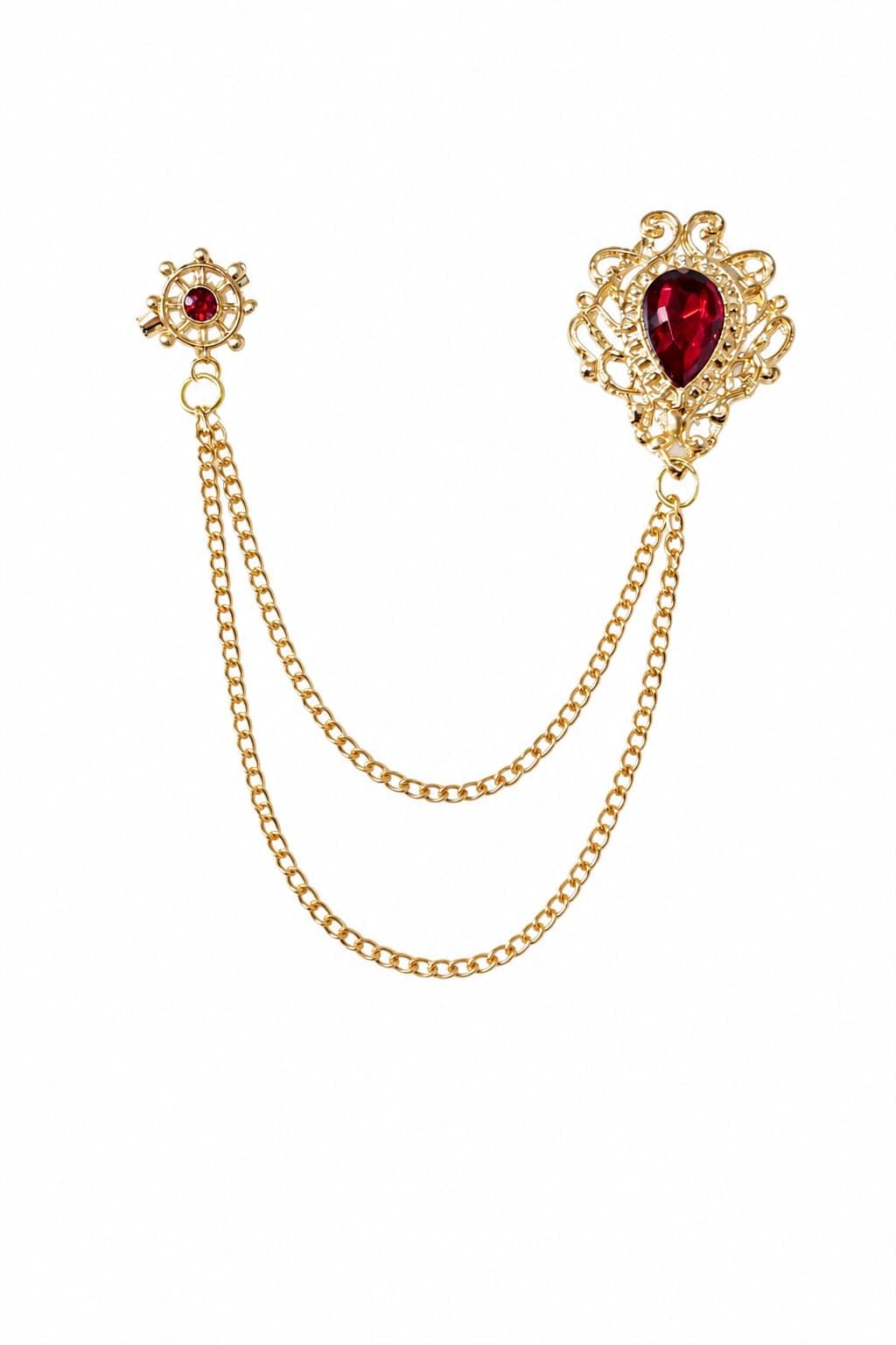 Red Crystal Double Chain Brooch Gold-Tone for Suits & Blazers-picture-42