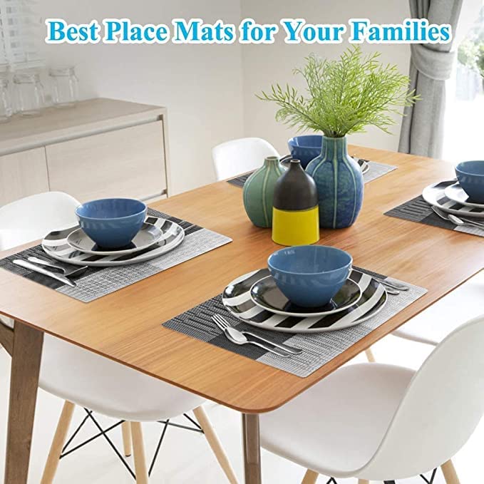 Image of YELONA Placemats for Dining Table - Heat Resistant & Washable PVC Vinyl Table Mats, Non-Slip, Stain Resistant Woven Kitchen Mats, Set of 8, 45cm x 30cm (Black & Light Grey)
