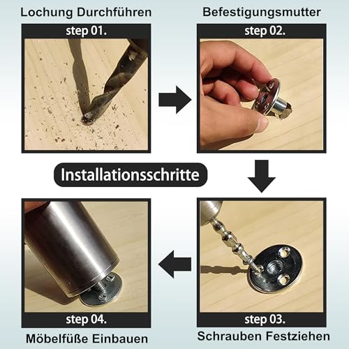 Qenovo® 4 Stück M10 Möbelfüße Edelstahl, Sofa Füße, Für Schrankfüße Bett Beine/Sofa Beine/Tischbeine höhenverstellbar Verwenden Sie M10-Schrauben,Unterstützung über 600 kg. (9.8CM)