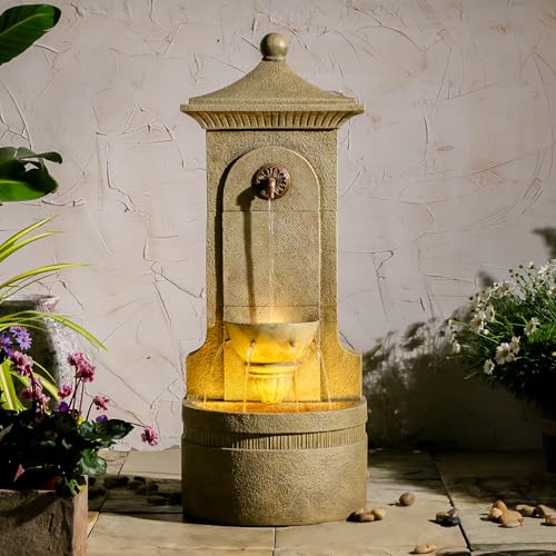 Bumilgar Outdoor Wall Fountain with LED Lights 42.91 H Freestanding Garden Water Fountain Large Floor Standing Patio Waterfall Feature European Resin Flat Back Yard Courtyard Porch Dco
