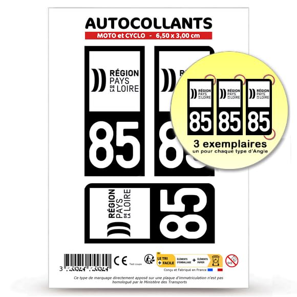 Autocollant Plaque Immatriculation 3 Stickers département 85 Vendée - Pays de la Loire II en Version Fond Noir : Moto et Cyclo - 6,5 x 3 cm