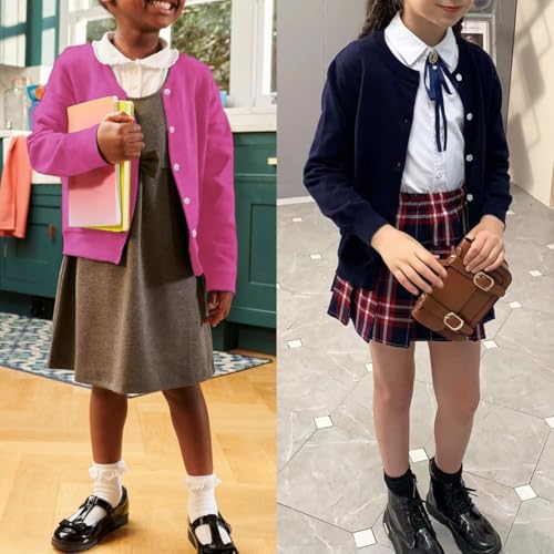 Image of Girls' Cardigan Sweater [Cute Petal Buttons] Cotton Long Sleeve Crewneck Uniform Sweater for 5-14 Years Girls