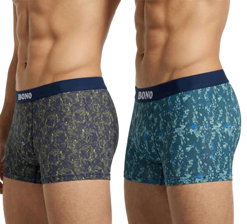 Image of BONO Mens Trunks Pack of 2 Cotton Underwear Breathable Printed Anti-Bacterial Underwear Men Trunk with No Marks Nylon Buffed Stretchable Waistband