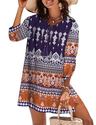 Zeagoo Womens Boho Dresses Casual Beach Summer Dress Tassel Tie Neck 3/4 Long Sleeve Mini Sundress 2025 Floral Print Cover Up2