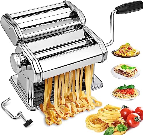 Pasta Maker Machine Hand Crank - Stainless Steel Roller Cutter Manual Noodle Makers Making Tools Rolling Press Kit Kitchen Accessories Best for Homemade Noodles Spaghetti Fresh Dough (Silver)
