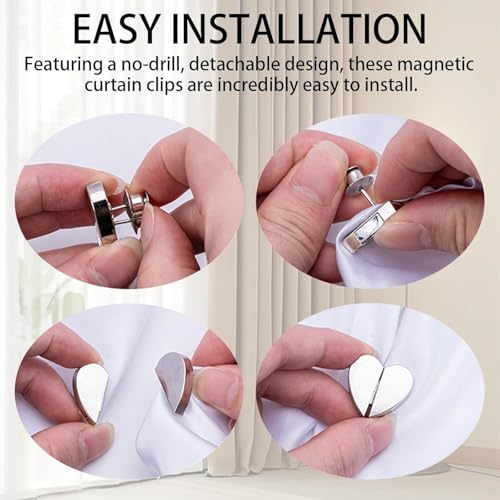 Image of Heart-Shaped Magnetic Curtain Clips, No-Drill Curtain Closure Magnets, Light Gap Blocking Tiebacks for Bedroom, Living Room, Bathroom & Office Drapes (5)