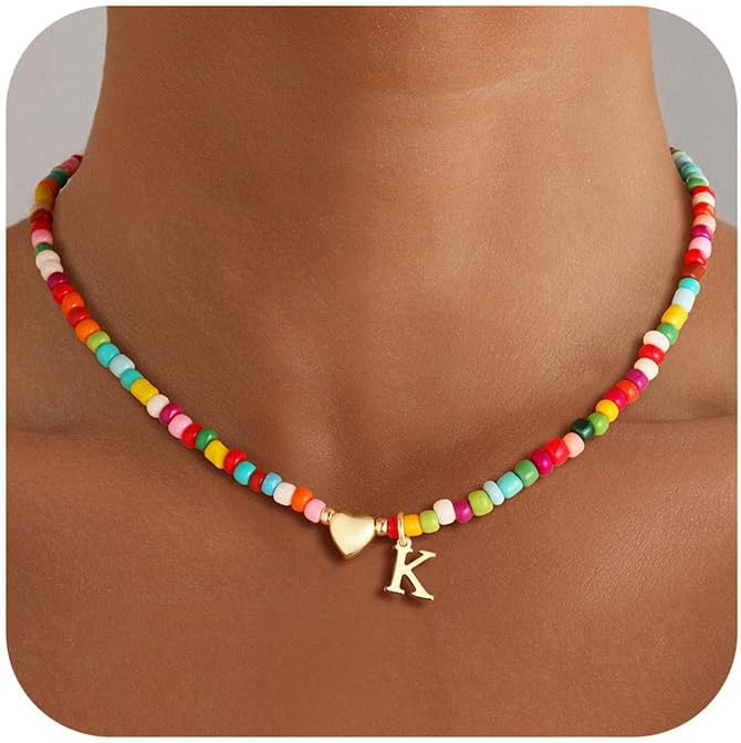 M MOOHAM Easter Gifts for Kids Girls – Initial Necklaces for Women, Colorful Beaded Initial Necklace 14K Gold Plated Heart Initial Choker Necklaces for Girls Jewelry, Letter A-Z Pendant Birthday Gifts