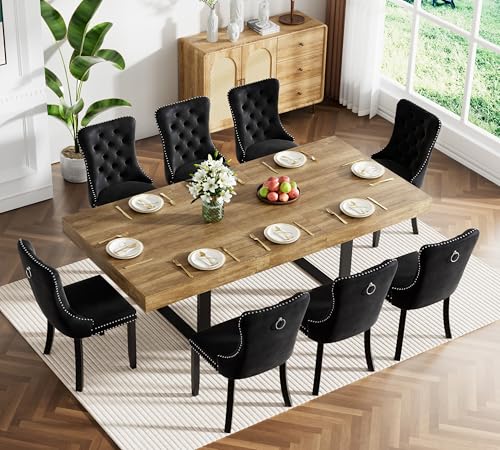 Image of Brown Dining Room Table Set for 8, 9-Piece 63 inch-78.74 inch Extendable Dining Table Set with 8 Upholstered Chairs, Rectangle Wooden Expanding Kitchen Table and Black Chairs Set