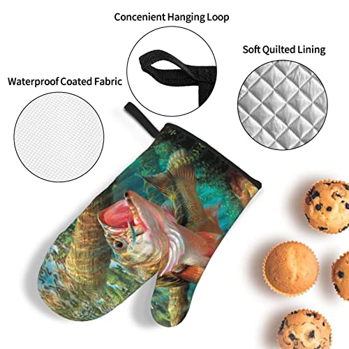 Bass Fish Oven Mitts And Pot Holders Sets 4 Pcs Set, Heat Resistant Fishing Oven Gloves Teal Fish Hot Pad For Kitchen Cooking Baking Bbq #TOP4