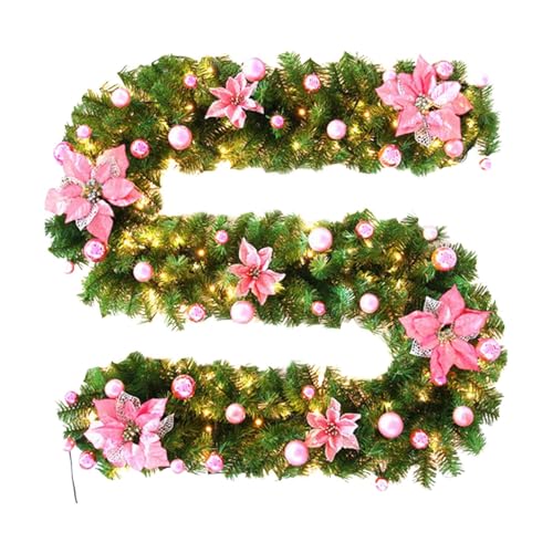 wqibq Guirnalda de Luces navideñas de ratán,Guirnalda navideña con Luces,Guirnalda navideña de Luces LED Artificiales de 9 pies - Guirnalda de ratán con Pilas, decoración de Flores Rojas, vegetación,
