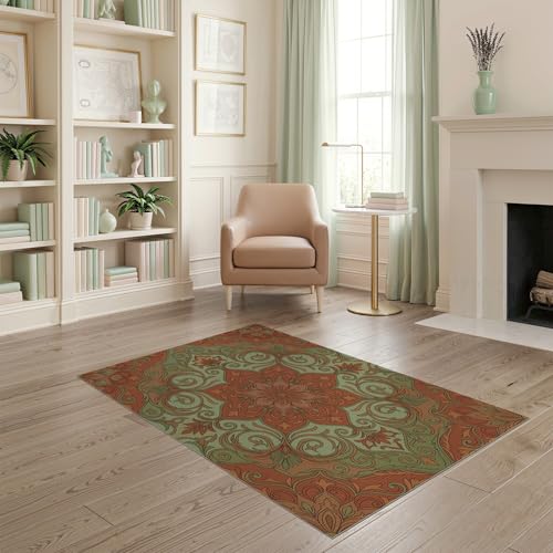 ODIKA 4'x6' Washable Oriental Medallion Accent Rug, Terracotta Non-Shedding Small Carpet for Playroom, Bedroom, Reading Nook, Pet Friendly & Non-Slip | Ref:2001375