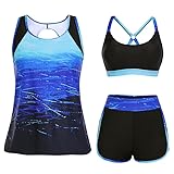 Hanna Nikole Badebekleidung für Damen,3 teilig Tankini Set,Bauchweg Badeanzug,Sport Bademode，Push Up Bikini Oberteil Und High Waist Badeshorts Mit TaschenSchwimmanzug Farbblock Strandmode