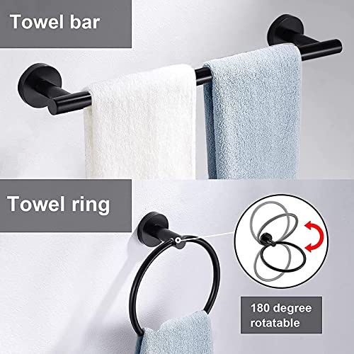 Bathroom Hardware Set, Matte Black Stainless Steel Bathroom Accessories Set, 16Inch Bath Towel Bars, Wall Mounted Towel Rack Ring, Toilet Paper Towel, Robe Towel Hook, Strong Adhesion No Trace, 8 Pcs #TOP6