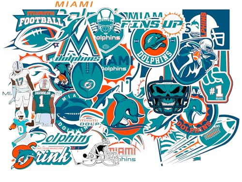 30PCS Miami Stickers Pack Dolphin — Florida Football and Rugby Decals for Water Bottle, Laptop, Car, Helmet, Scrapbook — Waterproof Vinyl Miami Gifts for Kids Teens Adults Fans