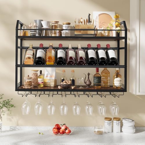Image of Hoctieon Wall Mounted Wine Rack, 31.5 inch Wall Wine Rack for Display and Storage, Hanging Bottle Holder, for Living Room, Dining Room, Bar, Wine Cellar, Rustic Brown