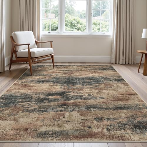 Area Rugs 9x12 for Living Room Bedroom, Modern Abstract Machine Washable Rug, Large Soft Low Pile Floor Cover with Non Slip Backing for Dining Room, Stone Rust