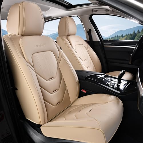 Image of Coverado Car Seat Cover, Front Seat Cover for Car, Waterproof Leather Car Seat Protector, Beige Universal Seat Covers Front Seat, Premium Car Seat Cushion Automotive Seat Covers Fit for Most Vehicles