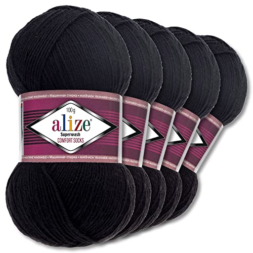 Wohnkult Alize 5x100g Superwash Comfort Sockenwolle 33 Farben zur Auswahl EIN-/Mehrfarbig (60 | Schwarz)
