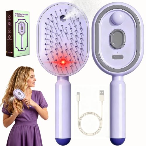 2026 Upgrade Electric Spray Air Cushion Massage Comb 5-in-1 Self-Cleaning Steam Brush for Hair Anti-Tangle Gloss Detangling Air Cushion Brush for Dry Frizzy Long Short Women Hair (Purple)