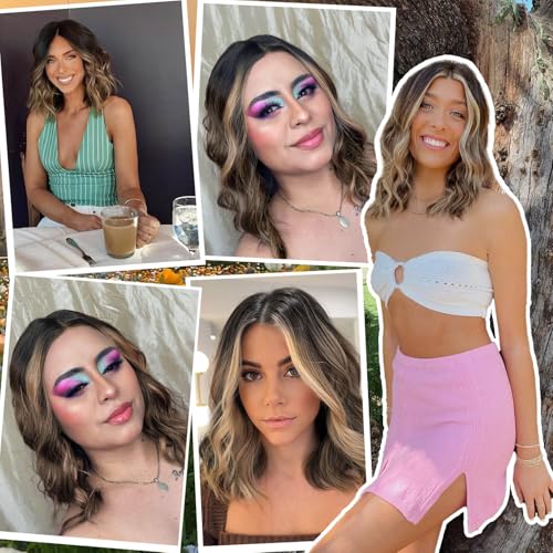 Image of Eawwii Wigs for Women Dark Brown Mixed Blonde,Short Wavy Synthetic Lace Wig | Glueless 4x1 Lace Hairline, Heat-Resistant Fiber,Bob Wave Style,Natural Appearance for Everyday Cosplay 14 Inch