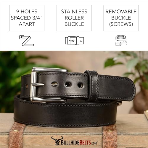Bullhide Belts Mens Leather Belt for Casual, Dress, 1.50" Wide, Black, 40"3