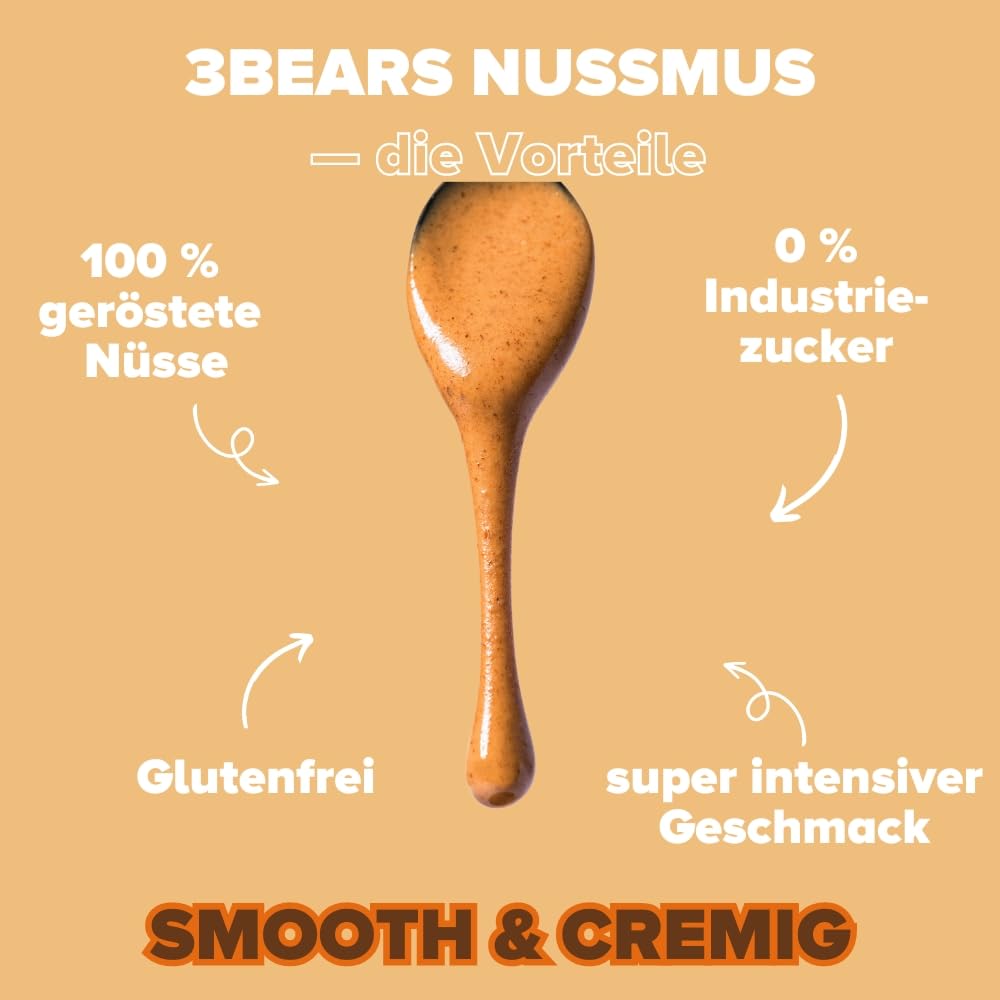 3Bears Mandelmus, 100% geröstete Nüsse, glutenfrei und vegan, cremig und intensiv im Geschmack, 4 x 250 g