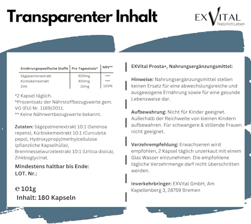 EXVital® Prosta+, 180 vegane Kapseln, hochdosiert mit Sägepalmenextrakt (600mg), Kürbiskernextrakt (400mg) & Zink, laborgeprüft