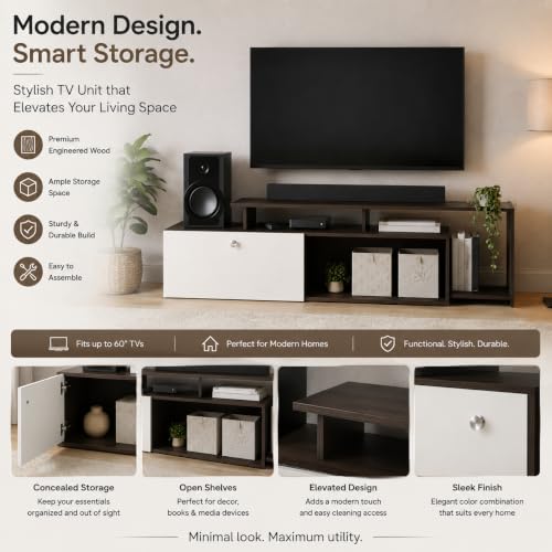 Image of FURNEASER Dexon Modern Engineered Wood Floor TV Cabinet with Storage | TV Entertainment Unit with Cabinet & Open Shelves | Media TV Stand for 32 to 55 Inch TV (Wenge & White)