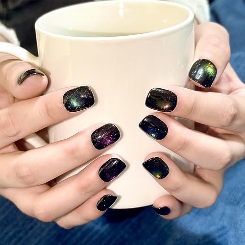 Sun&Beam Nails Handmade Press-On Short Round with Black Colorful Magnetic Design Charm Cat Eye Cute False Nail Tips 10 Pcs (#91 M) - Image 3