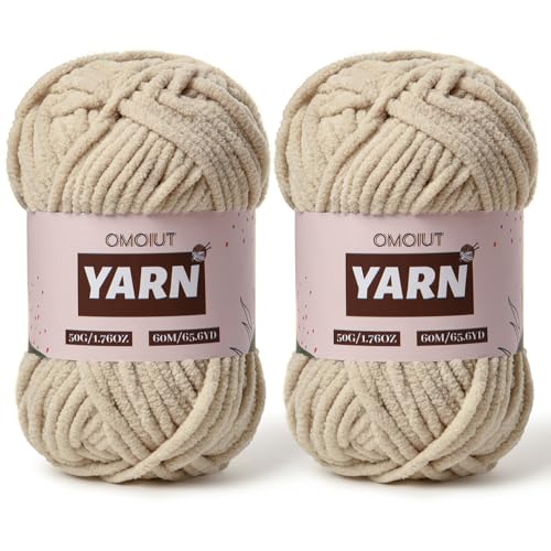 Image of 2 Packs Plush Chenille Chunky Crochet Yarn - Baby Yarn for Crocheting Soft - Velvet Yarns Knitting for Blankets Crafts - Fluffy Amigurumi Yarns 100g /131yds (2 Light Khaki)