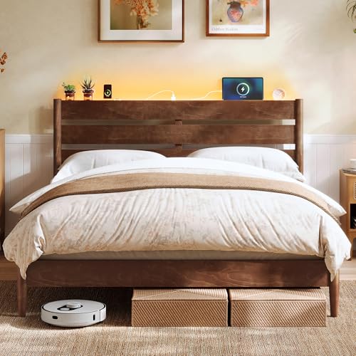 SONGMICS HOME Queen Bed Frame with Solid Wood Legs Slats, Platform Bed with Headboard, LED Lights, Charging Station, Mid-Century Modern Style, No Box Spring Needed, Coffee Brown URMB411K02